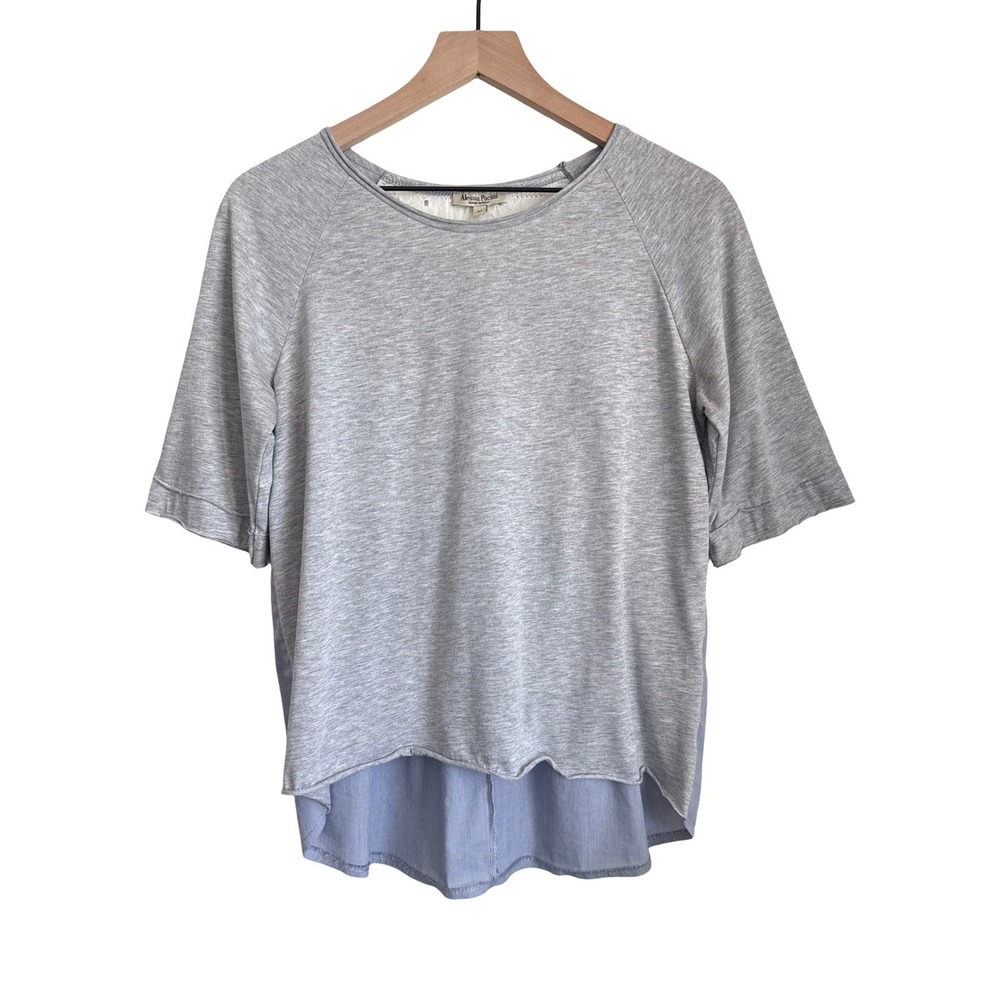 Alessia Pacini Italian Mixed Media Eyelet Back Top Gray Blue Striped Size M - Picture 2 of 10